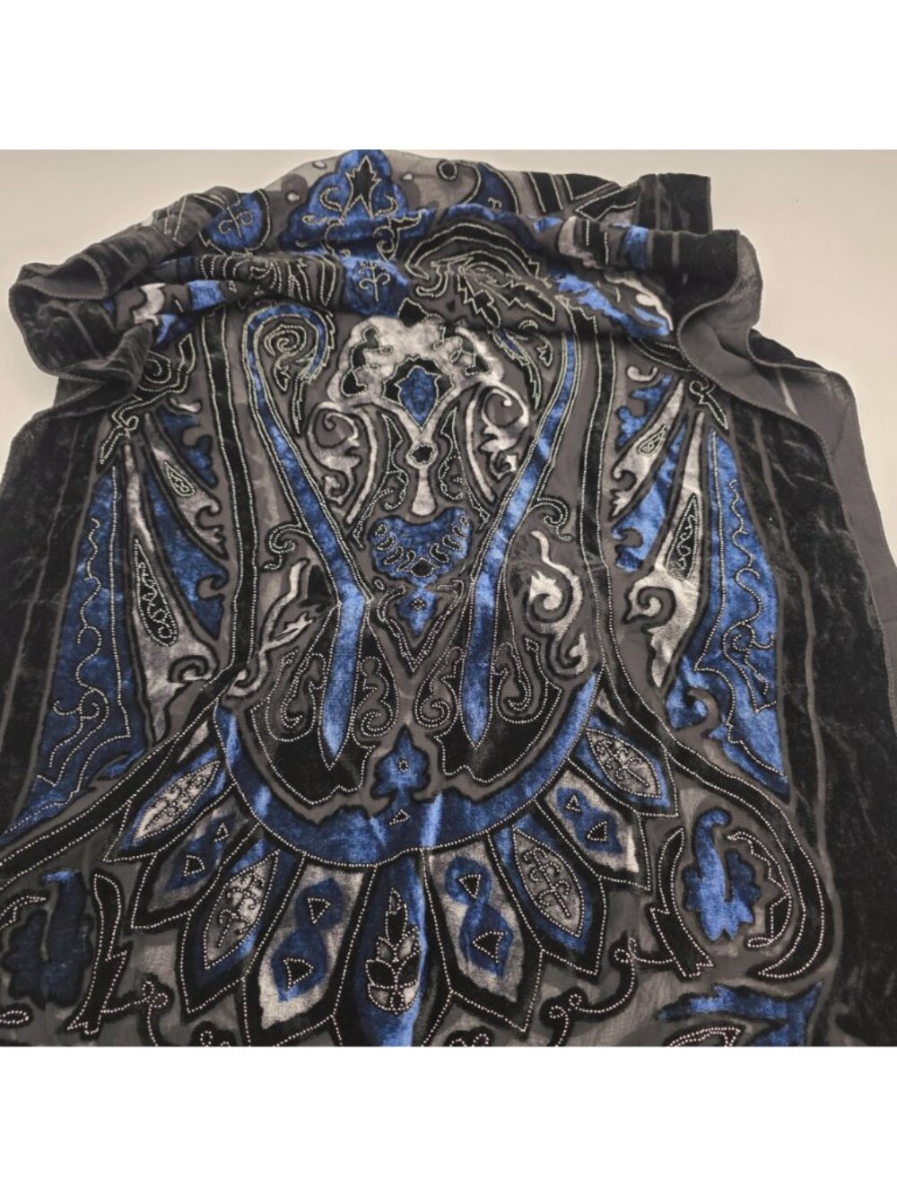 Velvet Embroidered Black & Blue Paisley Scarf With Fringe 20"x62" - Picture 2 of 6